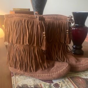 Tan leather fringe boots